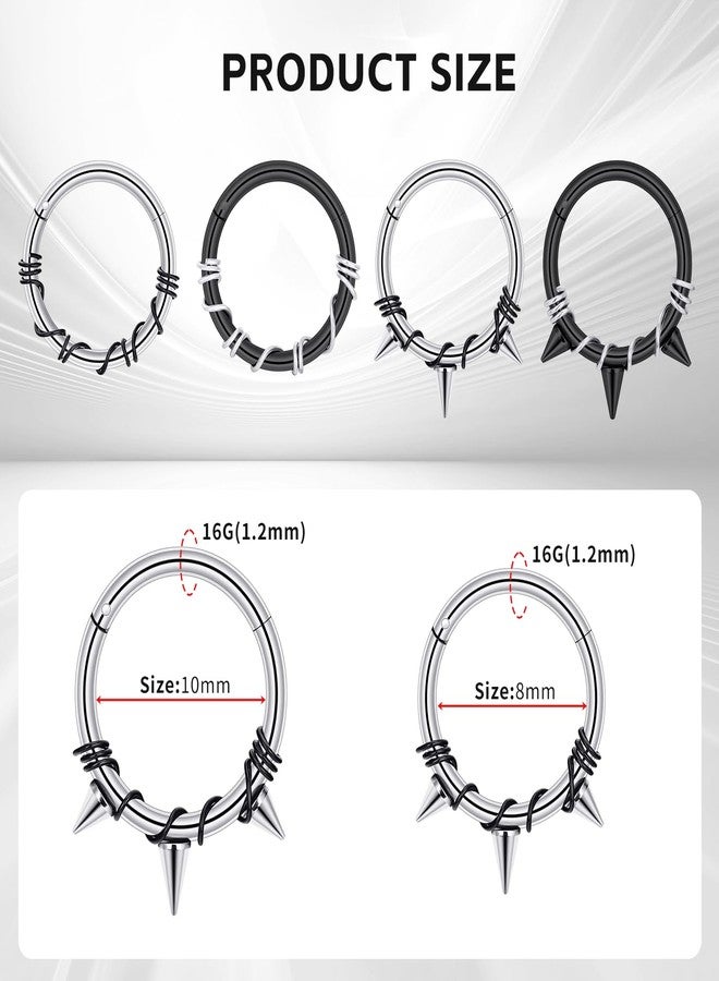 Qmcandy 4pcs Stainless Steel Wire Wrapped Septum Clicker Triple Spike Hinged Seamless Ring 16g Septum Piercing, 3/8" - Image 2